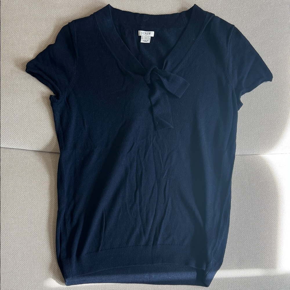 J. Crew Dark Blue Short Sleeve Top with Tie - Picture 6 of 8